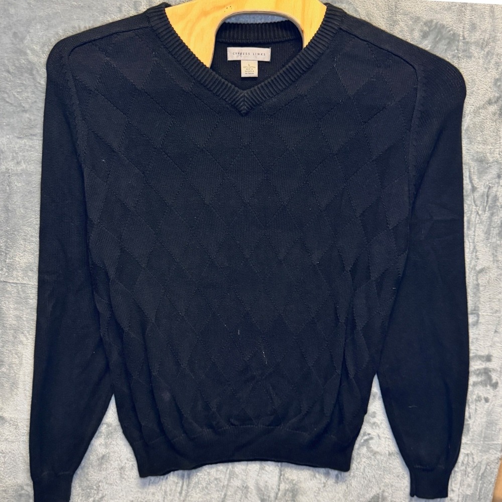 2194 | Cypress Links Tonal Argyle V-Neck Cotton Knit Sweater Black Mens L